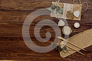 Details of a rustic wedding over wooden background. Flat Lay, Top View,
