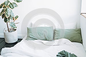 Details of Scandinavian modern cozy bright interior in bedroom at home