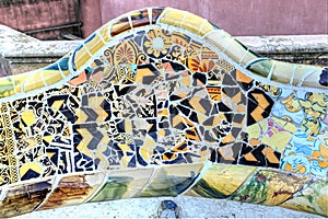 Details of the serpentine ceramic bench at Parc Guell designed b
