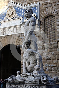 Details on Statue of Hercules and Caco of Baccio Bandinelli, Piazza della Signoria in Florence, Italy.