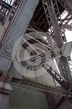 Details of the steel structures and trusses of the base of the Hell Gate Bridge, Queens, NY