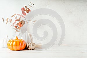 Details of Still life, cup of tea or coffee, pumpkins, candle, brunch with leaves on white table background, home decor