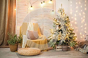 Details of still life in the home interior living room, bedroom. Cozy autumn-winter concept. Beautiful apartment decorated for Chr