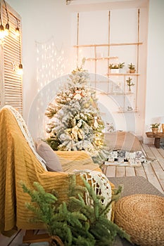 Details of still life in the home interior living room, bedroom. Cozy autumn-winter concept. Beautiful apartment decorated for Chr