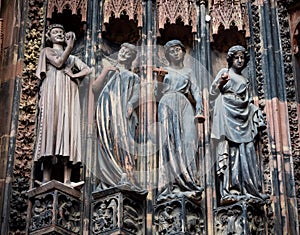Details of the Strasbourg Cathedral. Architectural and sculptural elements of the facade and tower