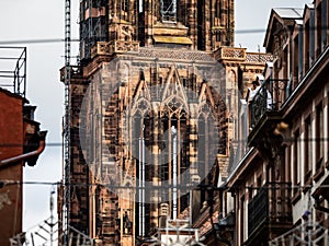 Details of the Strasbourg Cathedral. Architectural and sculptural elements of the facade and tower