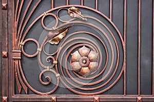 Details of the structure and decoration wrought iron gate. Vintage metal copper color pictures. Decorative scroll and