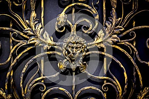 Details, structure and ornaments of forged iron gate. Decorative ornamen with lions , made from metal