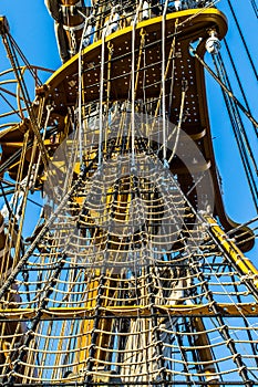 Details of a tall ship at sea on the Strait of Messina