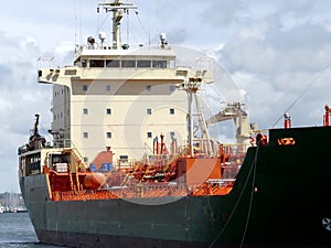 Details of tanker ship deck, bow and aft part. Horizontal three-quarter front view