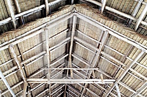 Details of thatched wooden gable roof structure.