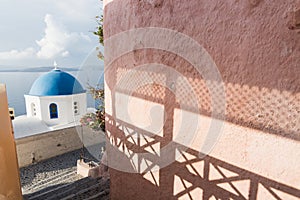 Details of a traditional Greek orthodox blue dome church, Santorini, Greece