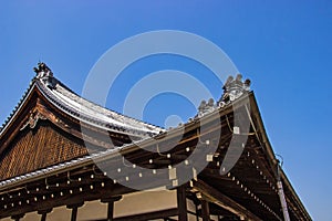 Details Of Traditional Wooden Japanese Temple Roof In area Buddhist temple and Park is identity In Kyoto.