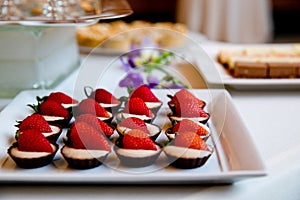 Details of wedding treats with white cream and strawberries in chocolate cups