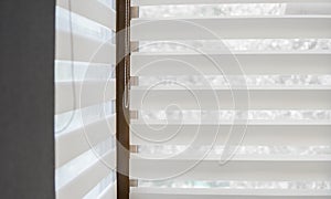 Details of white fabric roller blinds on the plastic window with wood texture in the living room.