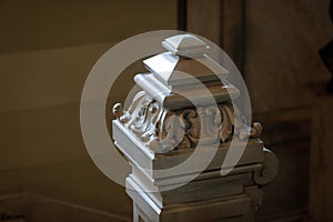 Details with a white marble stairs pillar in an old building in Bucharest built in the late XIX century french architectural style