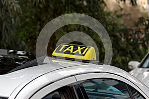 Details of yellow taxi cars on the city