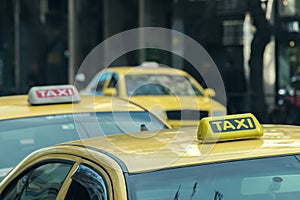 Details of yellow taxi cars on the city street.