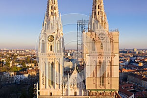 Details of Zagreb Cathedral in Croatia. Clock and Tower