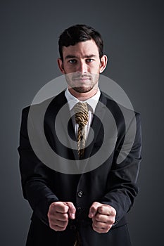 Detained for dishonest business practices. Studio portrait of a handcuffed businessman with a noose tied around his neck