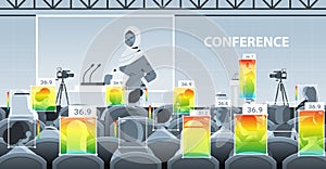 detecting elevated body temperature of businesspeople on conference meeting checking by non-contact thermal ai camera