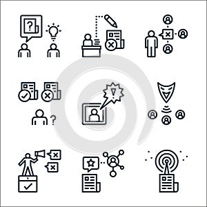 detecting fake news line icons. linear set. quality vector line set such as source, share, fake news, fraud, breaking news, doubts