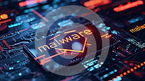 Detecting of a malware. Virus, system hack, cyber attack, "malware" word on circuit board