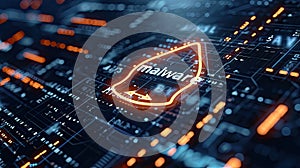 Detecting of a malware. Virus, system hack, cyber attack, "malware" word on circuit board