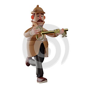 Detective 3D Cartoon Picture with running poses while holding key