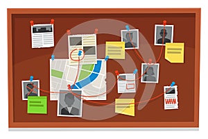 Detective board. Crime evidence connections chart, pinned newspaper and police photos. Investigation evidences vector illustration