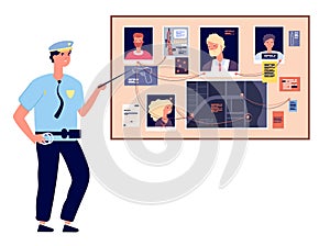 Detective board. Crime investigation plan with murder photos, newspapers and notes, cop investigator at scheme map