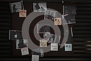 Detective board with crime scene photos, stickers, clues and red thread on wall