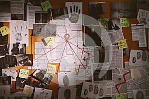 Detective board with fingerprints, photos, map and clues connected by red string