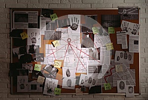 Detective board with fingerprints, photos, map and clues connected by red string on white brick wall photo