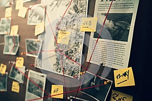 Detective board with photos of suspected criminals, crime scenes and evidence with red threads