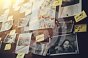 Detective board with photos of suspected criminals, crime scenes and evidence with red threads, selective focus