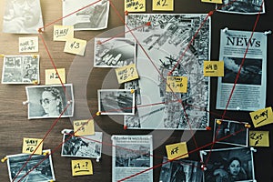 Detective board with photos of suspected criminals, crime scenes and evidence with red threads, toned photo
