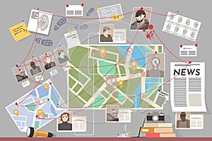 Detective board with pined evidence and investigation plan vector illustration photo