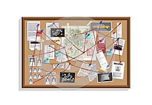 Detective Board with pins and evidence, crime investigation