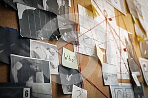 Detective board with sticker, crime scene photos and red threads, closeup