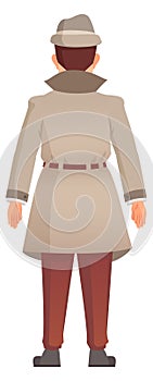 Detective cartoon character rear view. Retro male outfit