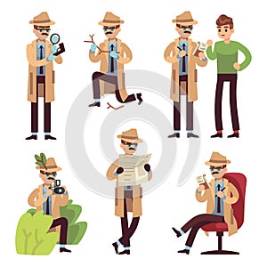Detective character. Police inspector looking crime photographing case search secret agent solving spy detect cartoon photo
