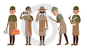 Detective Character Vector. Shamus, Spotter Man. Classic Detective Equipment. Isolated On White Cartoon Illustration