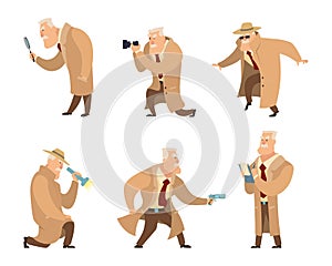 Detective in different action pose. Vector character in cartoon style