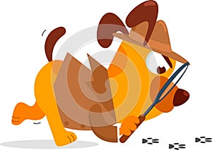 Detective Dog Cartoon Character With Magnifying Glass Following A Clues