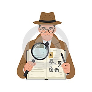 Detective examining clues with magnifying glass in flat vector art