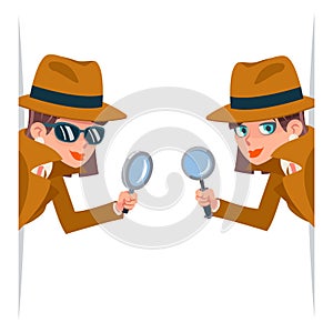 Detective female snoop magnifying glass tec peeking out corner search help noir cute character cartoon design isolated photo