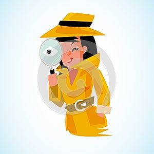 Detective girl holding magnifying glass to watchin. character de photo