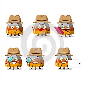 Detective gummy corn cute cartoon character holding magnifying glass