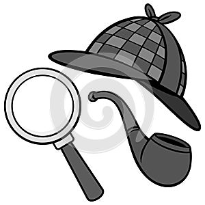 Detective Hat, Pipe and Magnifying Glass Illustration